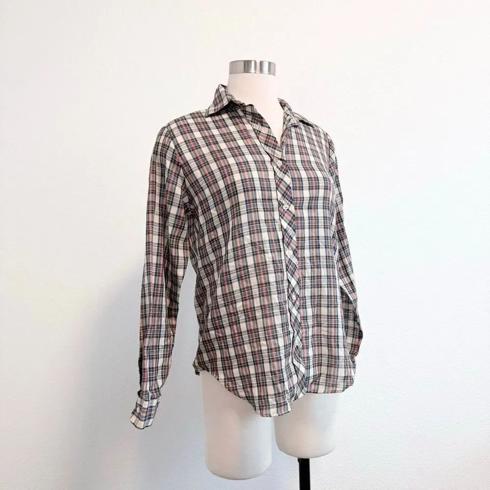 Vintage Córdova White Blue Green Plaid Button Down Shirt Small Western Checkered